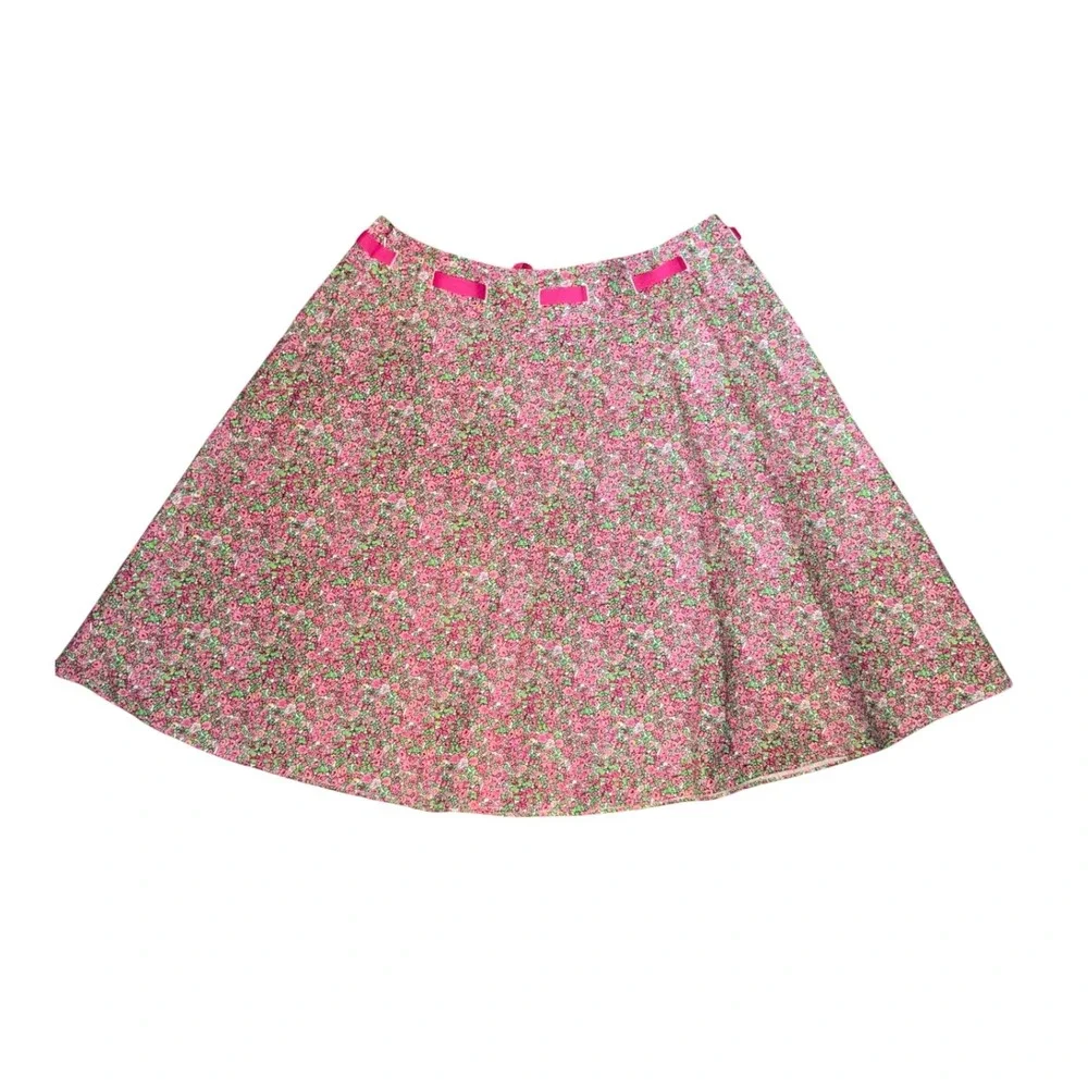 Foxcroft Pink Floral Cotton A-Line Skirt with Ribbon Tie Waist Size 14